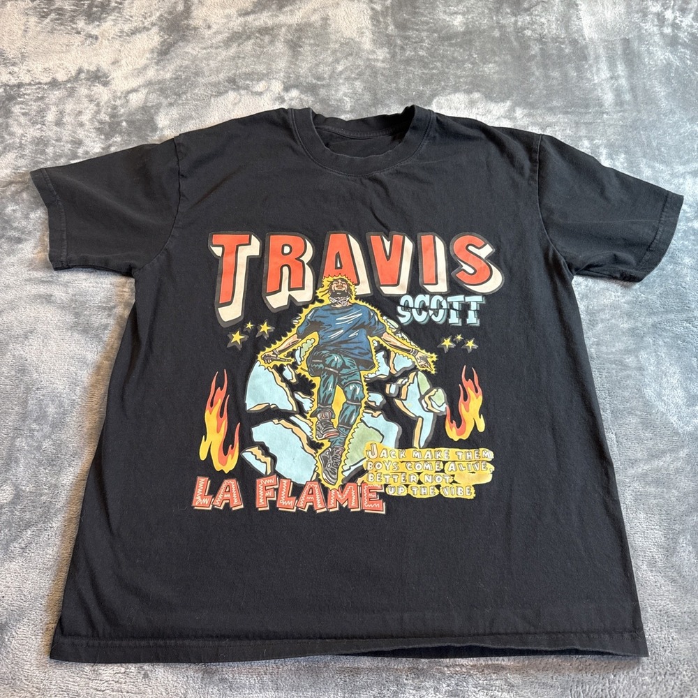 Travis Scott LA Flame Black Graphic Print Music T-Shirt Mens Size M